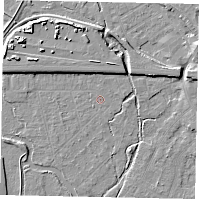 Shaded relief map of the ground around UB77AN, computed from Environment Agency LiDAR. The ground here sits at about 26 m above sea level and falls 12 m across the surrounding 800 m. Surface water reaching this point runs off ground lying to the north-west, 6.1 m higher.