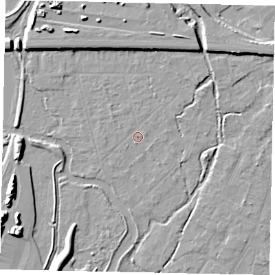 Shaded relief map of the ground around UB77AQ, computed from Environment Agency LiDAR. The ground here sits at about 26 m above sea level and falls 12 m across the surrounding 800 m. Surface water reaching this point runs off ground lying to the north-north-east, 0.6 m higher.