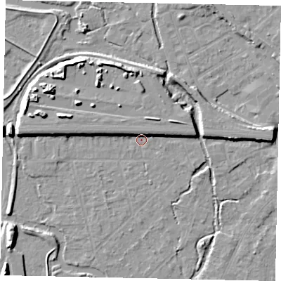 Shaded relief map of the ground around UB77AR, computed from Environment Agency LiDAR. The ground here sits at about 26 m above sea level and falls 12 m across the surrounding 800 m. Surface water reaching this point runs off ground lying to the north-north-east, 5.6 m higher.