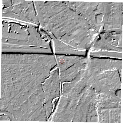 Shaded relief map of the ground around UB77AT, computed from Environment Agency LiDAR. The ground here sits at about 27 m above sea level and falls 10 m across the surrounding 800 m. Surface water reaching this point runs off ground lying to the north-east, 5.7 m higher.
