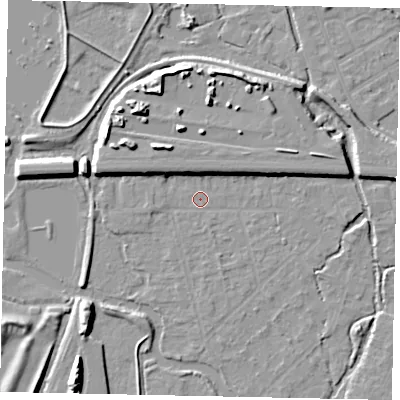 Shaded relief map of the ground around UB77AW, computed from Environment Agency LiDAR. The ground here sits at about 26 m above sea level and falls 12 m across the surrounding 800 m. Surface water reaching this point runs off ground lying to the south-south-east, 1.0 m higher.