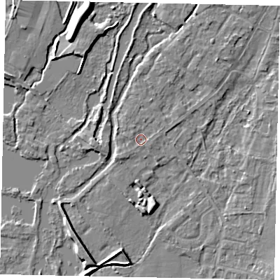 Shaded relief map of the ground around UB77EH, computed from Environment Agency LiDAR. The ground here sits at about 25 m above sea level and falls 7 m across the surrounding 800 m. Surface water reaching this point runs off ground lying to the south-west, 0.6 m higher.