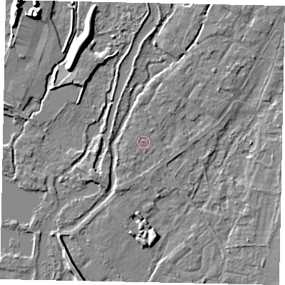 Shaded relief map of the ground around UB77EP, computed from Environment Agency LiDAR. The ground here sits at about 25 m above sea level and falls 12 m across the surrounding 800 m. Surface water reaching this point runs off ground lying to the south-south-west, 0.6 m higher.