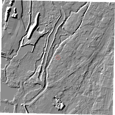 Shaded relief map of the ground around UB77ER, computed from Environment Agency LiDAR. The ground here sits at about 25 m above sea level and falls 12 m across the surrounding 800 m. Surface water reaching this point runs off ground lying to the east, 0.5 m higher.