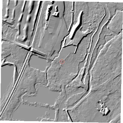 Shaded relief map of the ground around UB77EZ, computed from Environment Agency LiDAR. The ground here sits at about 25 m above sea level and falls 12 m across the surrounding 800 m. Surface water reaching this point runs off ground lying to the north-north-west, 11.3 m higher.