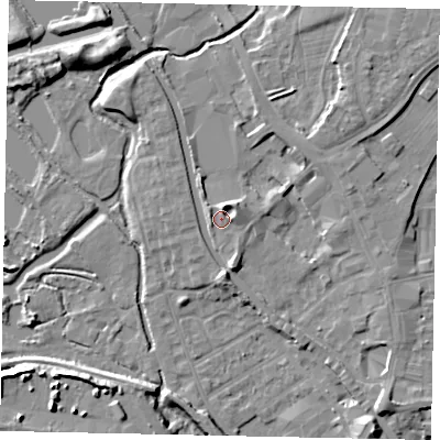 Shaded relief map of the ground around UB77FW, computed from Environment Agency LiDAR. The ground here sits at about 30 m above sea level and falls 8 m across the surrounding 800 m. Surface water reaching this point runs off ground lying to the north-north-east, 3.5 m higher.