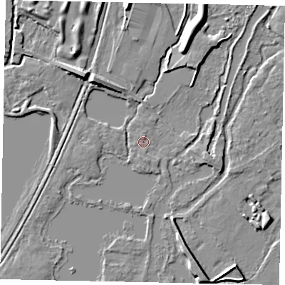 Shaded relief map of the ground around UB77HA, computed from Environment Agency LiDAR. The ground here sits at about 24 m above sea level and falls 9 m across the surrounding 800 m. Surface water reaching this point runs off ground lying to the north-north-east, 0.8 m higher.