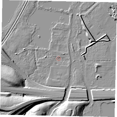 Shaded relief map of the ground around UB77HQ, computed from Environment Agency LiDAR. The ground here sits at about 24 m above sea level and falls 18 m across the surrounding 800 m. Surface water reaching this point runs off ground lying to the south-south-west, 1.5 m higher.