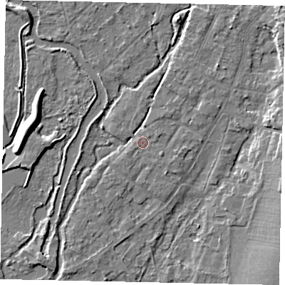 Shaded relief map of the ground around UB77NX, computed from Environment Agency LiDAR. The ground here sits at about 25 m above sea level and falls 7 m across the surrounding 800 m. Surface water reaching this point runs off ground lying to the south-west, 0.7 m higher.