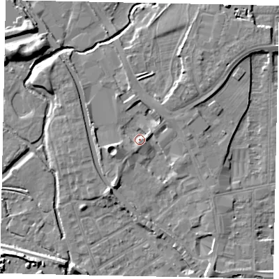 Shaded relief map of the ground around UB77RN, computed from Environment Agency LiDAR. The ground here sits at about 30 m above sea level and falls 8 m across the surrounding 800 m. Surface water reaching this point runs off ground lying to the north-east, 4.7 m higher.