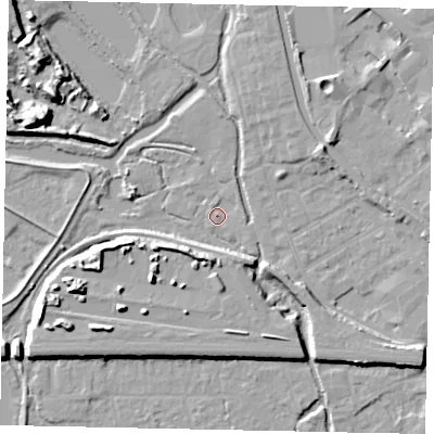 Shaded relief map of the ground around UB77RS, computed from Environment Agency LiDAR. The ground here sits at about 27 m above sea level and falls 12 m across the surrounding 800 m. Surface water reaching this point runs off ground lying to the east, 1.1 m higher.