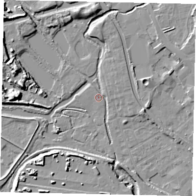 Shaded relief map of the ground around UB77RT, computed from Environment Agency LiDAR. The ground here sits at about 27 m above sea level and falls 12 m across the surrounding 800 m. Surface water reaching this point runs off ground lying to the north, 8.2 m higher.