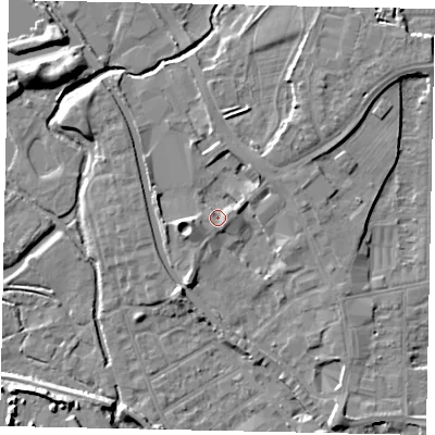 Shaded relief map of the ground around UB77RW, computed from Environment Agency LiDAR. The ground here sits at about 29 m above sea level and falls 8 m across the surrounding 800 m. Surface water reaching this point runs off ground lying to the north-east, 4.7 m higher.