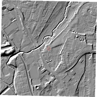 Shaded relief map of the ground around UB77RY, computed from Environment Agency LiDAR. The ground here sits at about 30 m above sea level and falls 8 m across the surrounding 800 m. Surface water reaching this point runs off ground lying to the east-north-east, 0.6 m higher.