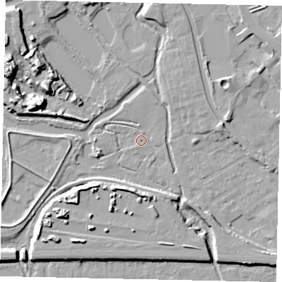 Shaded relief map of the ground around UB77SN, computed from Environment Agency LiDAR. The ground here sits at about 27 m above sea level and falls 13 m across the surrounding 800 m. Surface water reaching this point runs off ground lying to the east, 1.3 m higher.