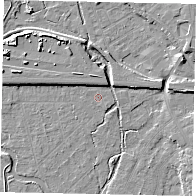 Shaded relief map of the ground around UB77TL, computed from Environment Agency LiDAR. The ground here sits at about 26 m above sea level and falls 12 m across the surrounding 800 m. Surface water reaching this point runs off ground lying to the south-east, 0.8 m higher.