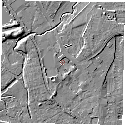 Shaded relief map of the ground around UB77TS, computed from Environment Agency LiDAR. The ground here sits at about 29 m above sea level and falls 8 m across the surrounding 800 m. Surface water reaching this point runs off ground lying to the east-north-east, 4.7 m higher.
