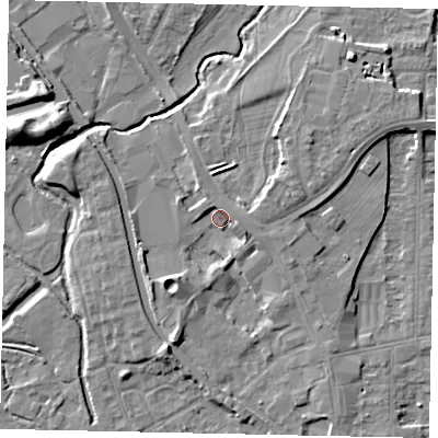 Shaded relief map of the ground around UB77TT, computed from Environment Agency LiDAR. The ground here sits at about 29 m above sea level and falls 8 m across the surrounding 800 m. Surface water reaching this point runs off ground lying to the east-north-east, 4.7 m higher.