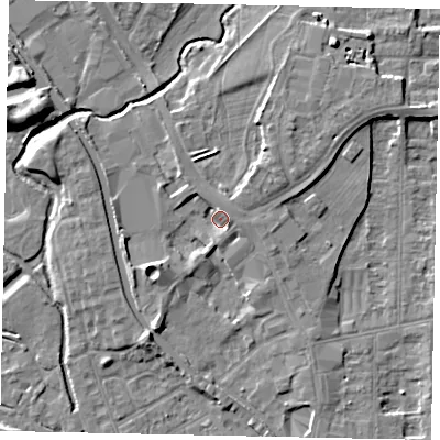 Shaded relief map of the ground around UB77XW, computed from Environment Agency LiDAR. The ground here sits at about 30 m above sea level and falls 8 m across the surrounding 800 m. Surface water reaching this point runs off ground lying to the north-east, 4.7 m higher.