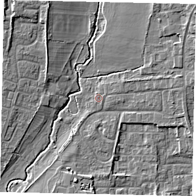Shaded relief map of the ground around UB78DX, computed from Environment Agency LiDAR. The ground here sits at about 30 m above sea level and falls 9 m across the surrounding 800 m. Surface water reaching this point runs off ground lying to the east-north-east, 1.0 m higher.