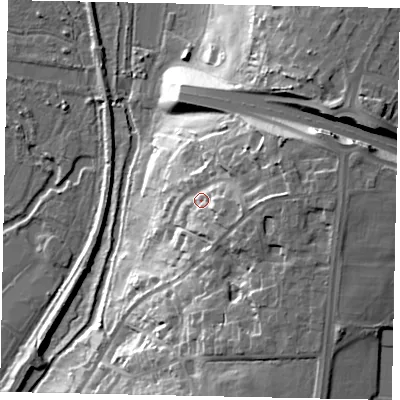 Shaded relief map of the ground around UB81PX, computed from Environment Agency LiDAR. The ground here sits at about 54 m above sea level and falls 32 m across the surrounding 800 m. Surface water reaching this point runs off ground lying to the east, 12.4 m higher.