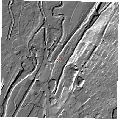Shaded relief map of the ground around UB81UH, computed from Environment Agency LiDAR. The ground here sits at about 34 m above sea level and falls 23 m across the surrounding 800 m. Surface water reaching this point runs off ground lying to the south-south-west, 2.9 m higher.