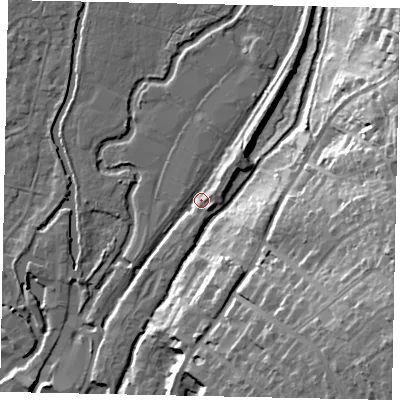 Shaded relief map of the ground around UB81UJ, computed from Environment Agency LiDAR. The ground here sits at about 34 m above sea level and falls 28 m across the surrounding 800 m. Surface water reaching this point runs off ground lying to the north-east, 4.5 m higher.