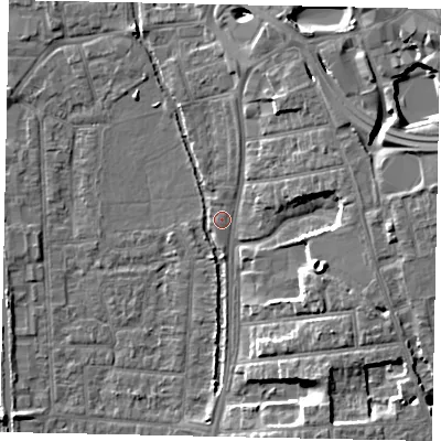 Shaded relief map of the ground around UB82AE, computed from Environment Agency LiDAR. The ground here sits at about 32 m above sea level and falls 12 m across the surrounding 800 m. Surface water reaching this point runs off ground lying to the north-east, 9.0 m higher.