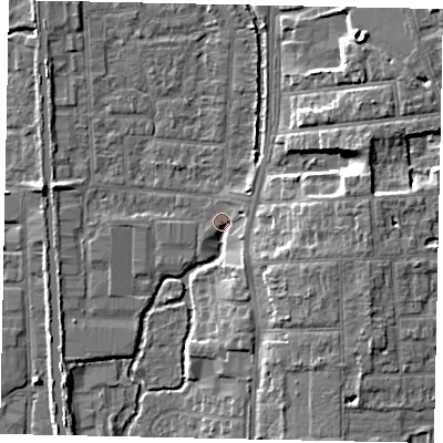Shaded relief map of the ground around UB82AF, computed from Environment Agency LiDAR. The ground here sits at about 31 m above sea level and falls 9 m across the surrounding 800 m. Surface water reaching this point runs off ground lying to the south-east, 3.4 m higher.