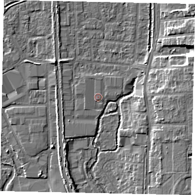 Shaded relief map of the ground around UB82DB, computed from Environment Agency LiDAR. The ground here sits at about 31 m above sea level and falls 9 m across the surrounding 800 m. Surface water reaching this point runs off ground lying to the west-north-west, 0.9 m higher.