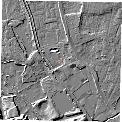 Shaded relief map of the ground around UB82FA, computed from Environment Agency LiDAR. The ground here sits at about 29 m above sea level and falls 16 m across the surrounding 800 m. Surface water reaching this point runs off ground lying to the south-south-west, 3.4 m higher.