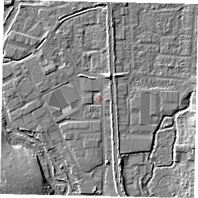 Shaded relief map of the ground around UB82FG, computed from Environment Agency LiDAR. The ground here sits at about 31 m above sea level and falls 6 m across the surrounding 800 m. Surface water reaching this point runs off ground lying to the north-north-east, 3.3 m higher.