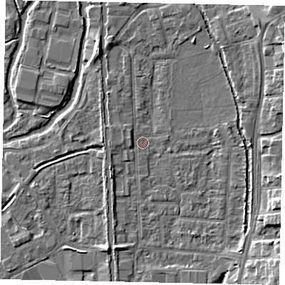Shaded relief map of the ground around UB82FT, computed from Environment Agency LiDAR. The ground here sits at about 31 m above sea level and falls 7 m across the surrounding 800 m. Surface water reaching this point runs off ground lying to the north-north-west, 4.2 m higher.