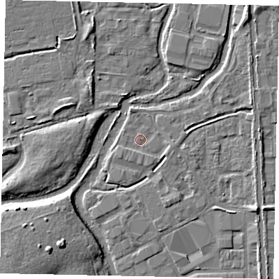 Shaded relief map of the ground around UB82FX, computed from Environment Agency LiDAR. The ground here sits at about 30 m above sea level and falls 8 m across the surrounding 800 m. Surface water reaching this point runs off ground lying to the east-south-east, 2.1 m higher.