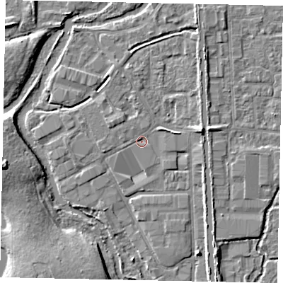 Shaded relief map of the ground around UB82GA, computed from Environment Agency LiDAR. The ground here sits at about 30 m above sea level and falls 8 m across the surrounding 800 m. Surface water reaching this point runs off ground lying to the east-north-east, 4.1 m higher.