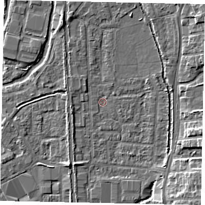 Shaded relief map of the ground around UB82GN, computed from Environment Agency LiDAR. The ground here sits at about 31 m above sea level and falls 8 m across the surrounding 800 m. Surface water reaching this point runs off ground lying to the north-north-west, 4.2 m higher.