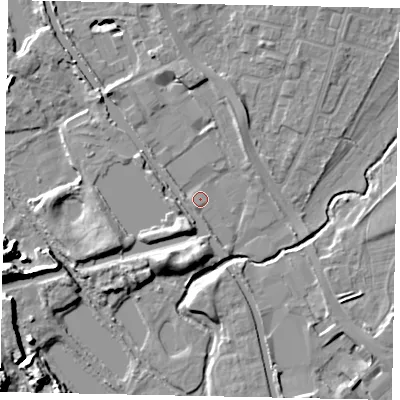 Shaded relief map of the ground around UB82GU, computed from Environment Agency LiDAR. The ground here sits at about 29 m above sea level and falls 14 m across the surrounding 800 m. Surface water reaching this point runs off ground lying to the south-west, 1.2 m higher.