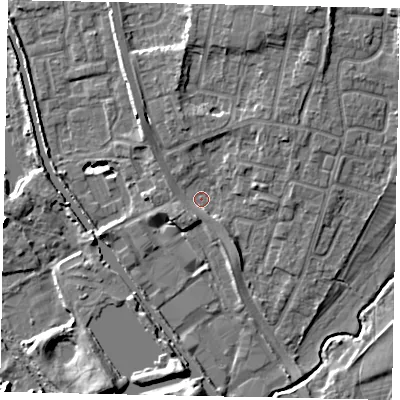 Shaded relief map of the ground around UB82HN, computed from Environment Agency LiDAR. The ground here sits at about 29 m above sea level and falls 10 m across the surrounding 800 m. Surface water reaching this point runs off ground lying to the south, 2.3 m higher.