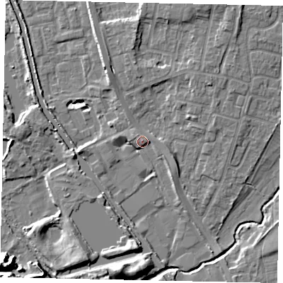 Shaded relief map of the ground around UB82HU, computed from Environment Agency LiDAR. The ground here sits at about 31 m above sea level and falls 14 m across the surrounding 800 m. Surface water reaching this point runs off ground lying to the east-north-east, 1.4 m higher.