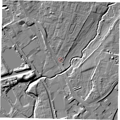 Shaded relief map of the ground around UB82HW, computed from Environment Agency LiDAR. The ground here sits at about 29 m above sea level and falls 9 m across the surrounding 800 m. Surface water reaching this point runs off ground lying to the west-south-west, 6.1 m higher.