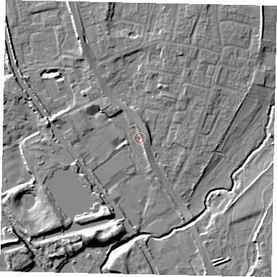 Shaded relief map of the ground around UB82HX, computed from Environment Agency LiDAR. The ground here sits at about 29 m above sea level and falls 9 m across the surrounding 800 m. Surface water reaching this point runs off ground lying to the south-east, 2.0 m higher.