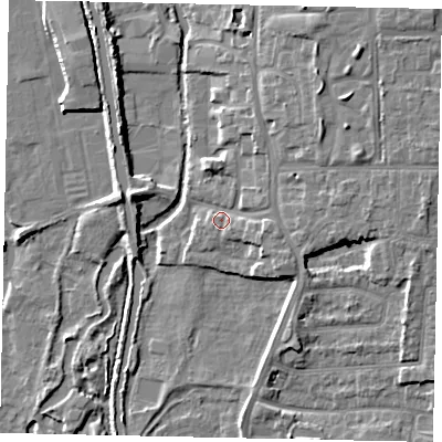 Shaded relief map of the ground around UB82JD, computed from Environment Agency LiDAR. The ground here sits at about 32 m above sea level and falls 10 m across the surrounding 800 m. Surface water reaching this point runs off ground lying to the east, 3.2 m higher.