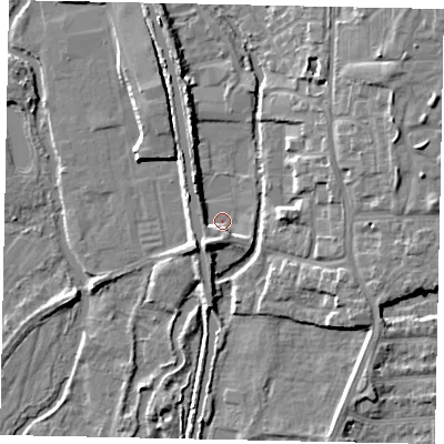 Shaded relief map of the ground around UB82JF, computed from Environment Agency LiDAR. The ground here sits at about 29 m above sea level and falls 10 m across the surrounding 800 m. Surface water reaching this point runs off ground lying to the south-south-west, 4.5 m higher.