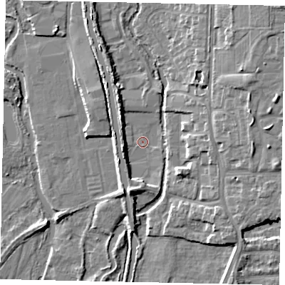 Shaded relief map of the ground around UB82JG, computed from Environment Agency LiDAR. The ground here sits at about 29 m above sea level and falls 10 m across the surrounding 800 m. Surface water reaching this point runs off ground lying to the south-south-west, 4.5 m higher.