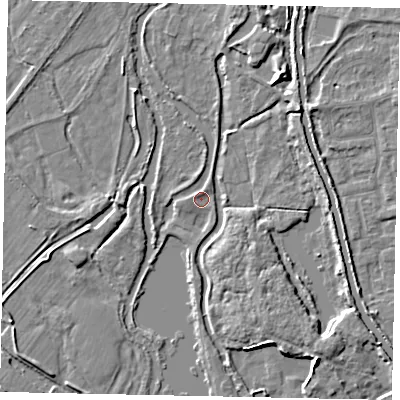 Shaded relief map of the ground around UB82JH, computed from Environment Agency LiDAR. The ground here sits at about 28 m above sea level and falls 6 m across the surrounding 800 m. Surface water reaching this point runs off ground lying to the north, 2.9 m higher.