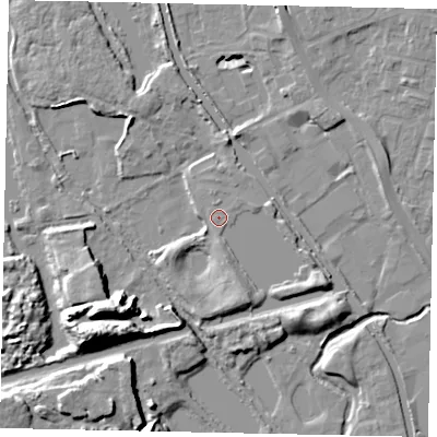 Shaded relief map of the ground around UB82JJ, computed from Environment Agency LiDAR. The ground here sits at about 30 m above sea level and falls 17 m across the surrounding 800 m. Surface water reaching this point runs off ground lying to the south-east, 4.9 m higher.