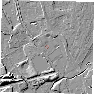 Shaded relief map of the ground around UB82JP, computed from Environment Agency LiDAR. The ground here sits at about 29 m above sea level and falls 17 m across the surrounding 800 m. Surface water reaching this point runs off ground lying to the west-north-west, 1.1 m higher.