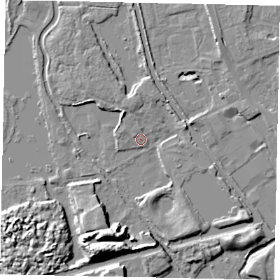 Shaded relief map of the ground around UB82JR, computed from Environment Agency LiDAR. The ground here sits at about 29 m above sea level and falls 17 m across the surrounding 800 m. Surface water reaching this point runs off ground lying to the north, 2.8 m higher.