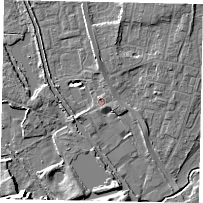 Shaded relief map of the ground around UB82JT, computed from Environment Agency LiDAR. The ground here sits at about 30 m above sea level and falls 16 m across the surrounding 800 m. Surface water reaching this point runs off ground lying to the east-south-east, 1.4 m higher.