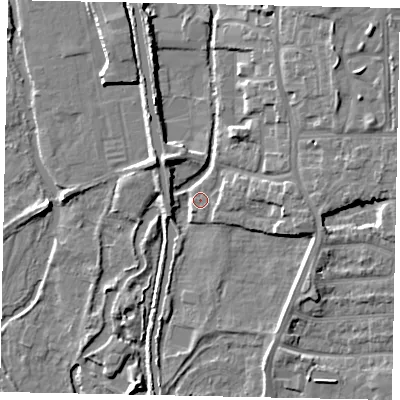 Shaded relief map of the ground around UB82JU, computed from Environment Agency LiDAR. The ground here sits at about 30 m above sea level and falls 10 m across the surrounding 800 m. Surface water reaching this point runs off ground lying to the east, 5.8 m higher.